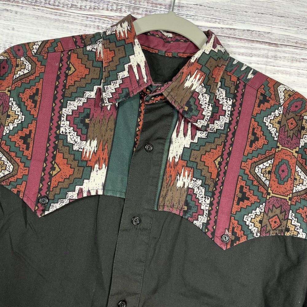 VTG Steer West Western Shirt Mens Med Aztec Cowboy Rodeo Yoke USA Made Country